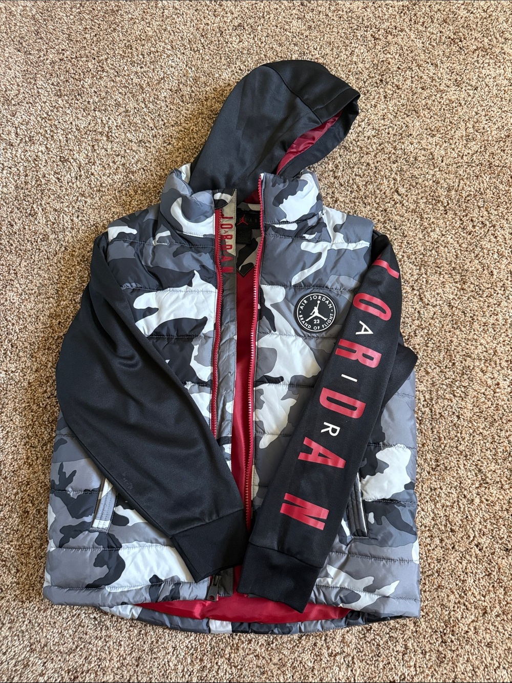 Jordan Boys' Black & Gray Camo Hooded Puffer Jacket with Red Accents